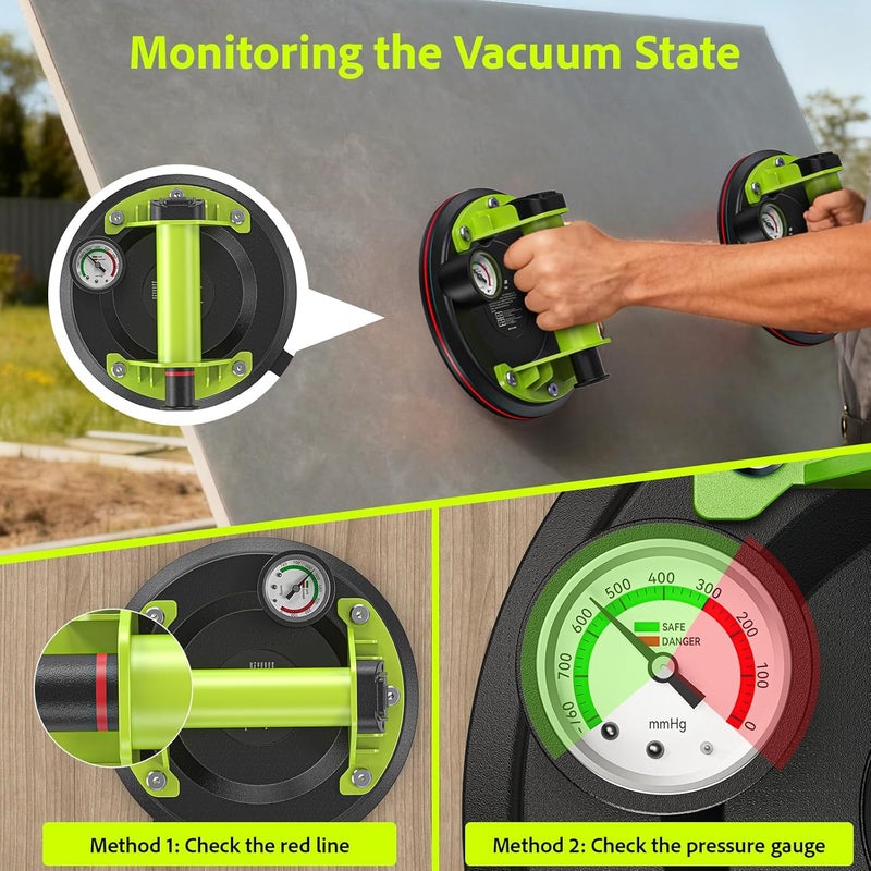 TaskStar Glass Suction Cups to Lift Large Glass: 8" Tile Suction Cup Tool w/Pressure Gauge, 450 LBS Max Load, Heavy Duty Vacuum Lifter for Contractor/Tiler/Stone Installer/DIYer - Image 5